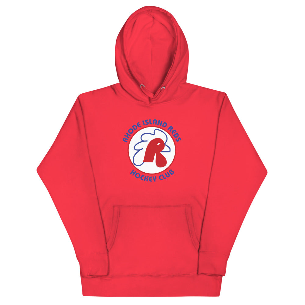 Rhode Island Reds Hoodie (Premium) with the red rooster head in a ring of lettering on the front, view 6