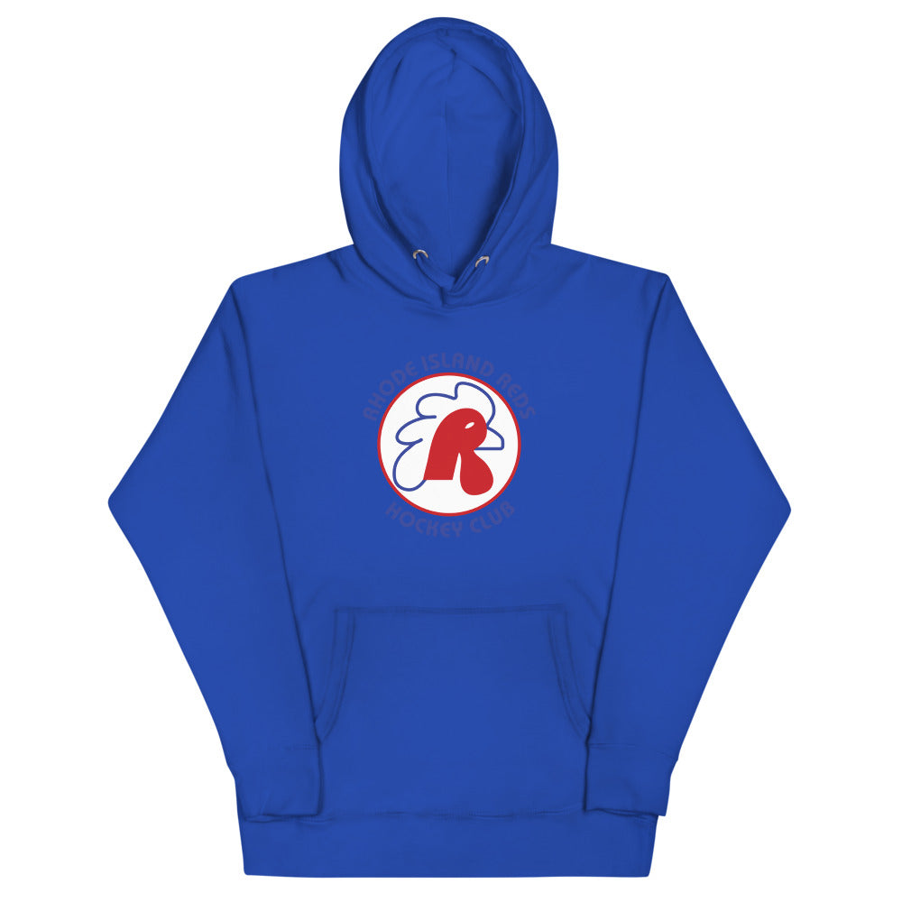 Rhode Island Reds Hoodie (Premium) with the red rooster head in a ring of lettering on the front, view 3