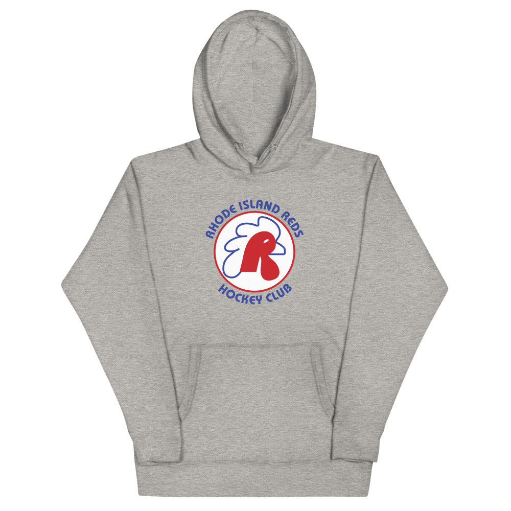 Rhode Island Reds Hoodie (Premium, white) with the red rooster head in a ring of lettering on the front, view 2