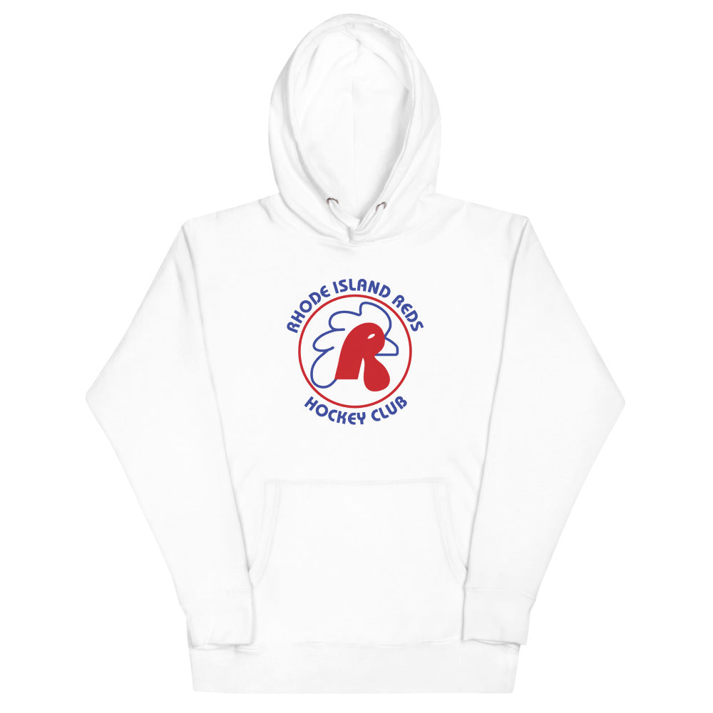 Rhode Island Reds Hoodie (Premium, white) with the red rooster head in a ring of lettering on the front