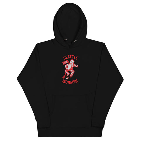 Seattle Ironmen Hoodie (Premium) with the red robot skater with arched lettering on the front, view 6