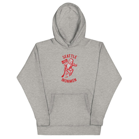 Seattle Ironmen Hoodie (Premium) with the red robot skater with arched lettering on the front, view 3