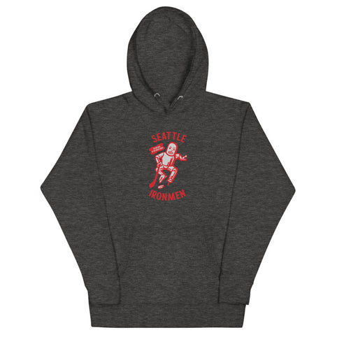 Seattle Ironmen Hoodie (Premium) with the red robot skater with arched lettering on the front, view 2