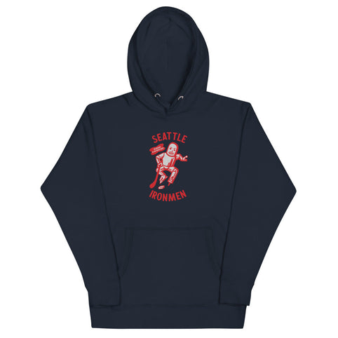 Seattle Ironmen Hoodie (Premium) with the red robot skater with arched lettering on the front