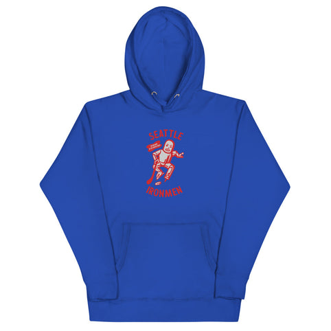 Seattle Ironmen Hoodie (Premium) with the red robot skater with arched lettering on the front, view 4