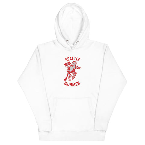 Seattle Ironmen Hoodie (Premium) with the red robot skater with arched lettering on the front, view 5