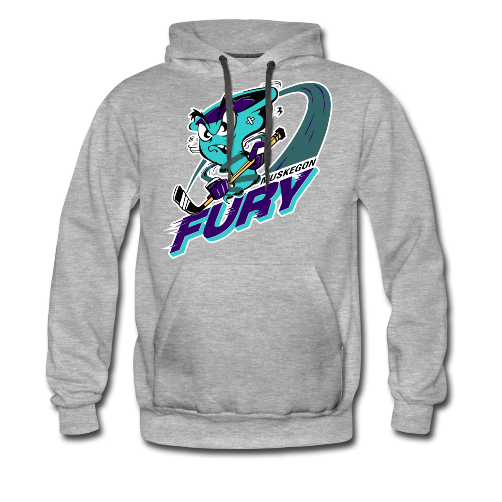 CLEARANCE Muskegon Fury Hoodie (Premium) in heather grey with the teal cat skater over purple and white lettering on the front