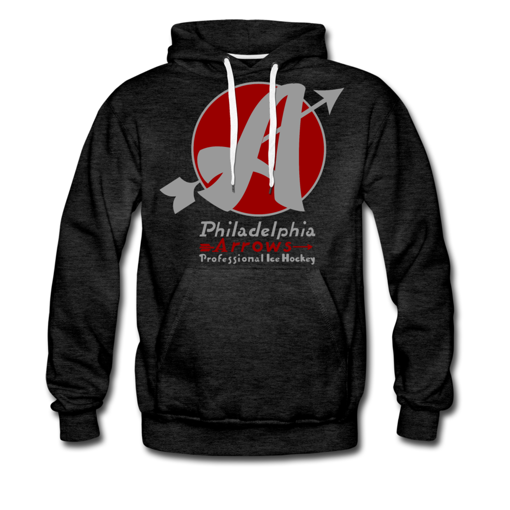 CLEARANCE Philadelphia Arrows Hoodie (Premium) in charcoal gray with the red circle with a grey arrow-pierced A on the front