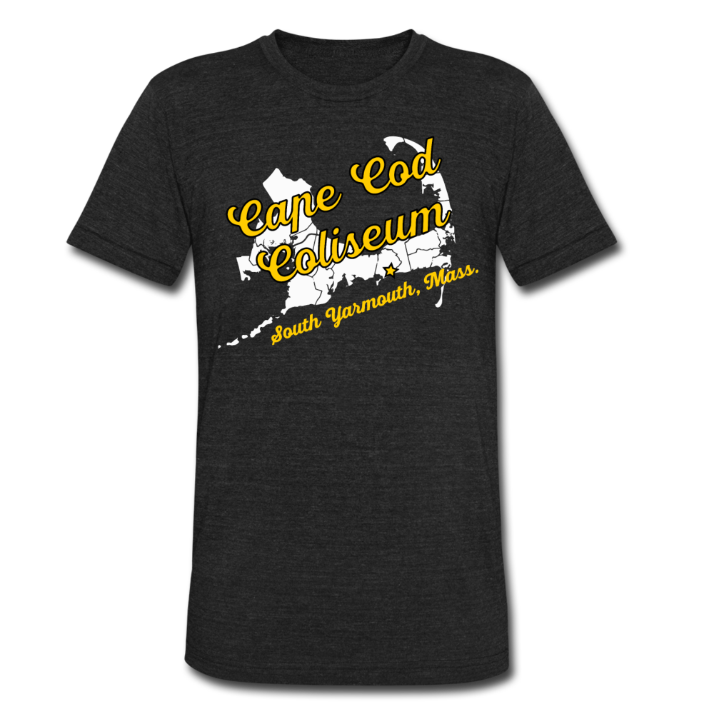 CLEARANCE Cape Cod Coliseum T-Shirt (Tri-Blend Super Light) in heather black with the gold script lettering over a white map shape on the front