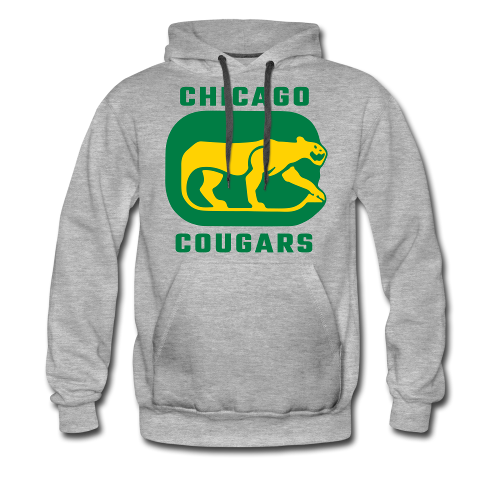 CLEARANCE Chicago Cougars Hoodie (Premium) in heather grey with the yellow cougar in a green rounded square on the front