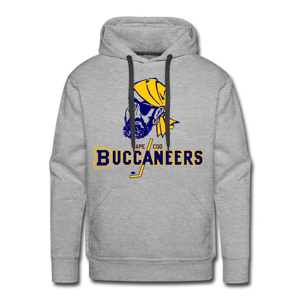 CLEARANCE Cape Cod Buccaneers Hoodie (Premium) in heather grey with the blue pirate head over gold block lettering on the front