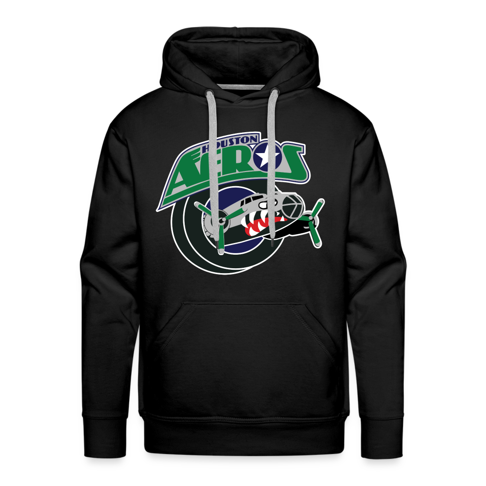 CLEARANCE Houston Aeros 1990s Hoodie (Premium) in black with the green wordmark over a shark-mouth jet puck on the front