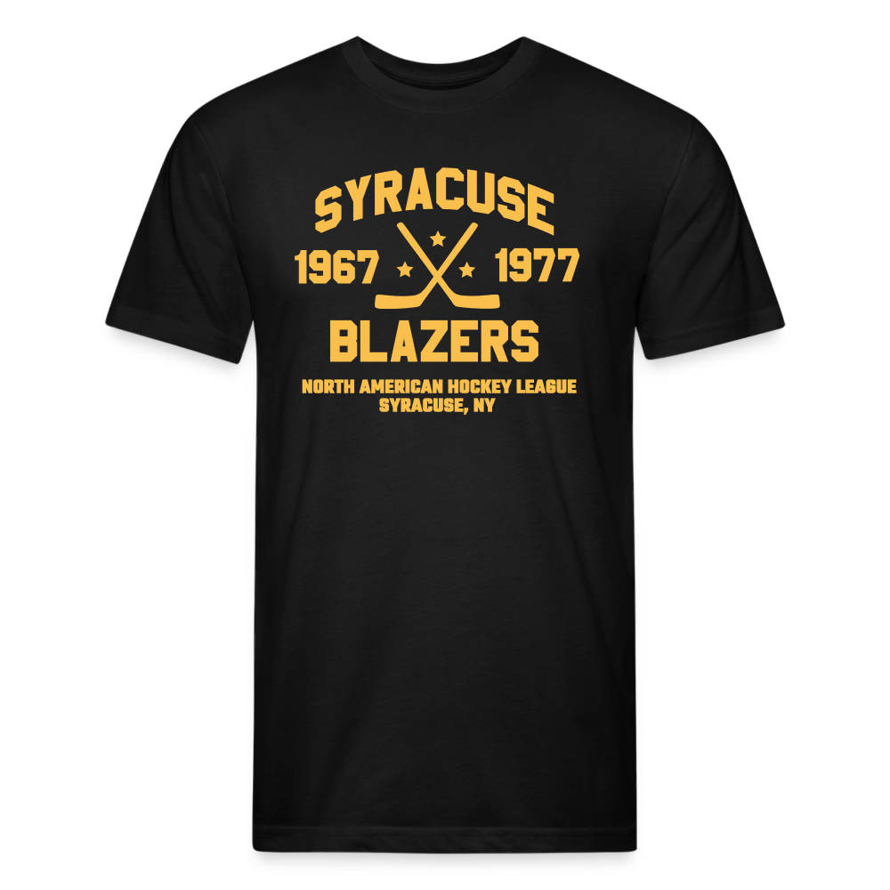 CLEARANCE Syracuse Blazers Dated T-Shirt (NAHL) (Premium Tall 60/40) in black with the gold crossed sticks with 1967 and 1977 lettering on the front