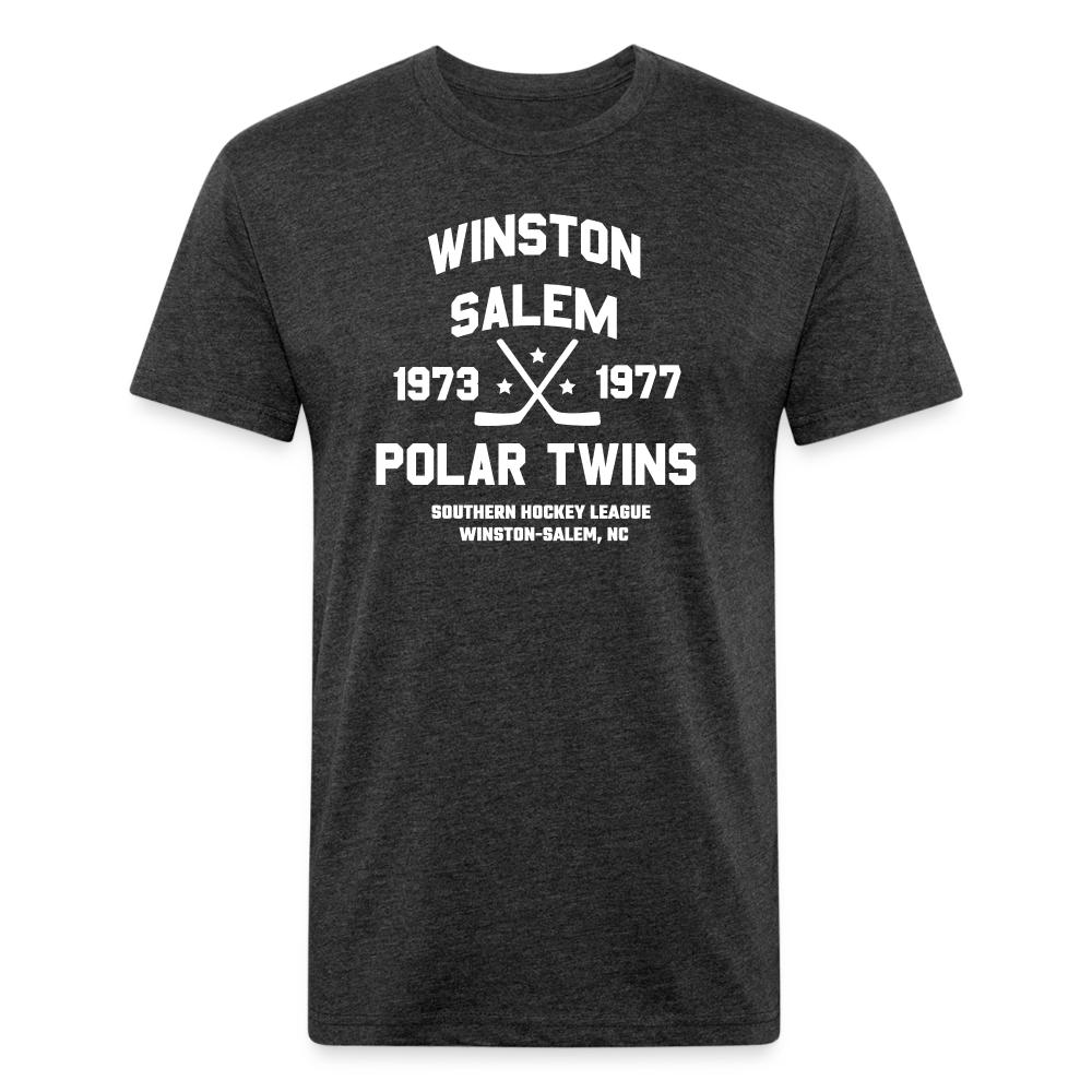 CLEARANCE Winston-Salem Polar Twins Dated T-Shirt (SHL) (Premium Tall 60/40) in heather black with the white crossed sticks with 1973 and 1977 lettering on the front