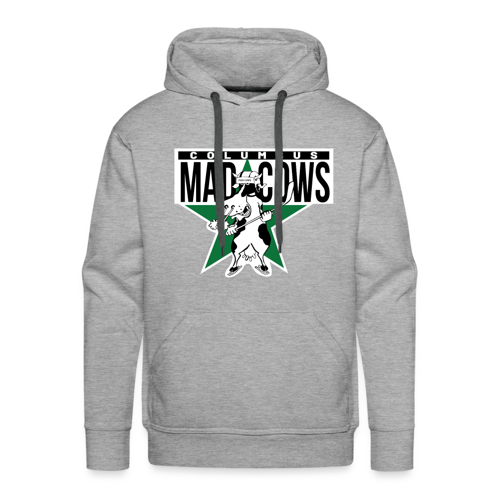 CLEARANCE Columbus Mad Cows Hoodie (Premium) in heather grey with the cow skater on a green star with black lettering on the front