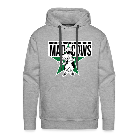 CLEARANCE Columbus Mad Cows Hoodie (Premium) in heather grey with the cow skater on a green star with black lettering on the front