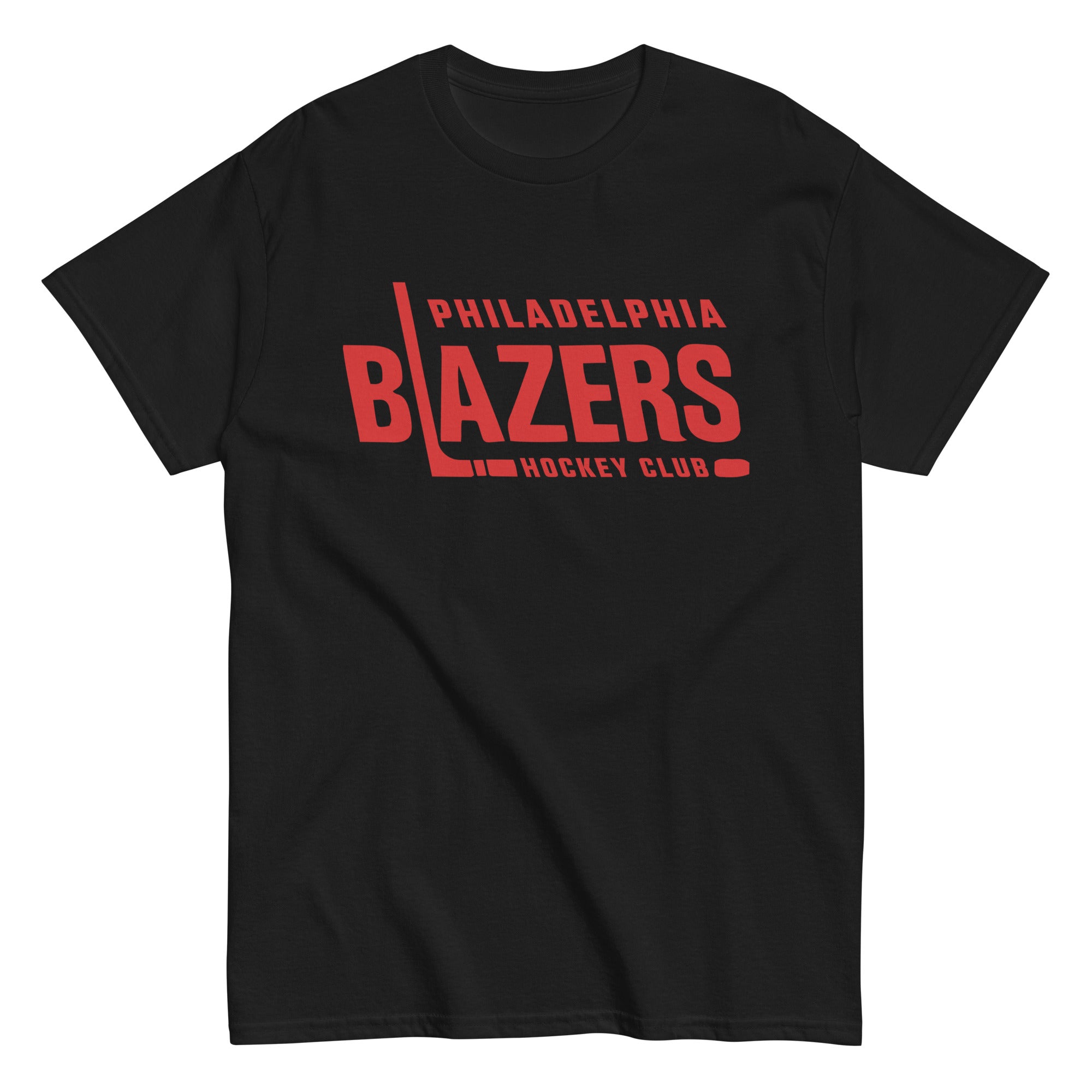 Philadelphia Blazers Text T-Shirt in black with the red block wordmark with a hockey stick L on the front