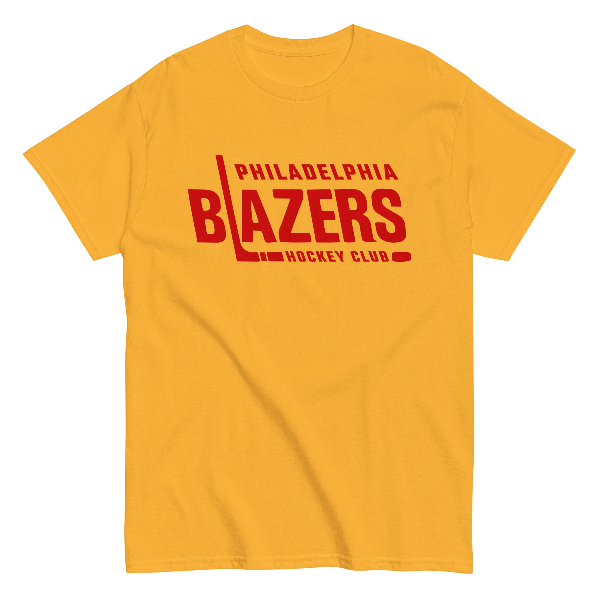 Philadelphia Blazers Text T-Shirt in gold with the red block wordmark with a hockey stick L on the front