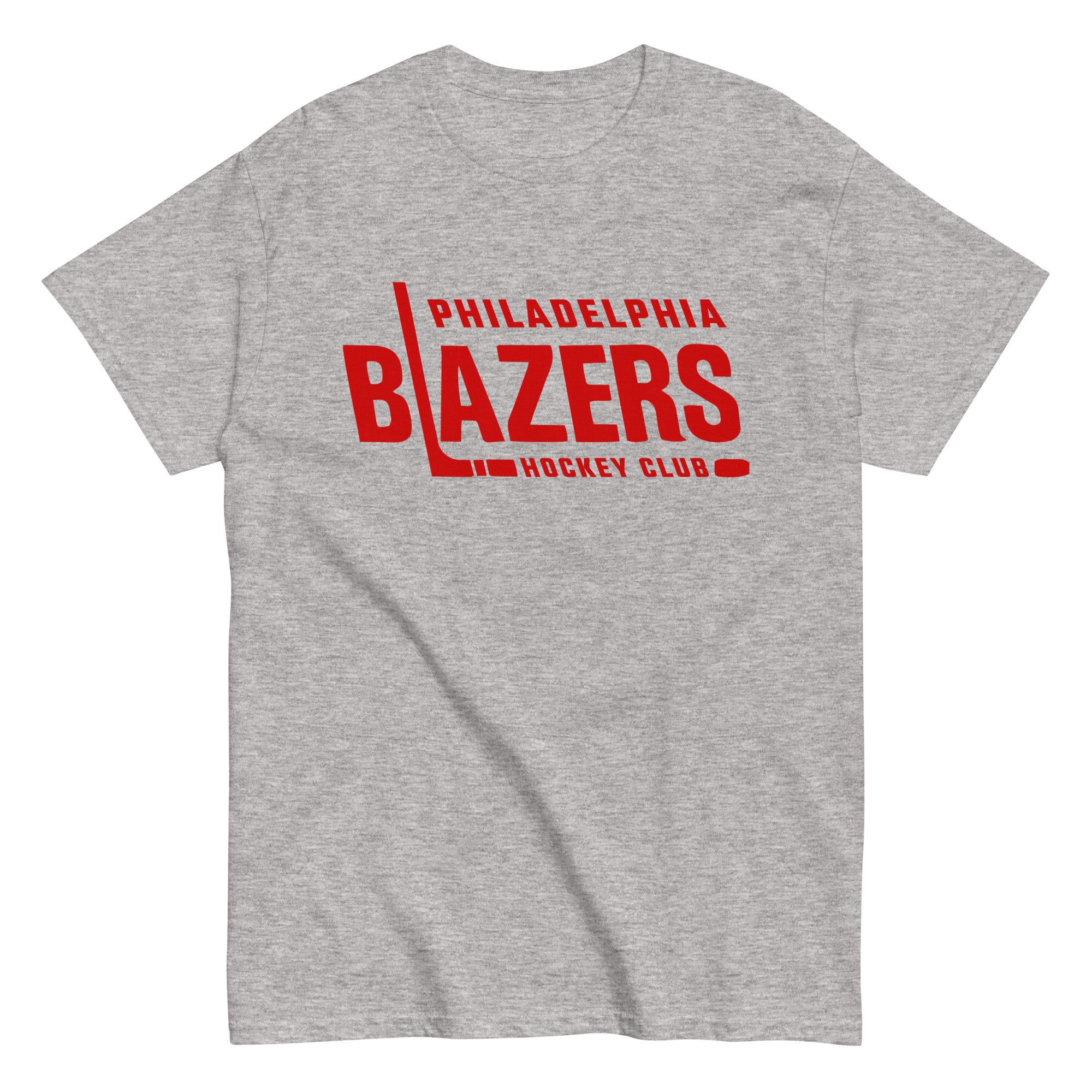 Philadelphia Blazers Text T-Shirt in sport grey with the red block wordmark with a hockey stick L on the front