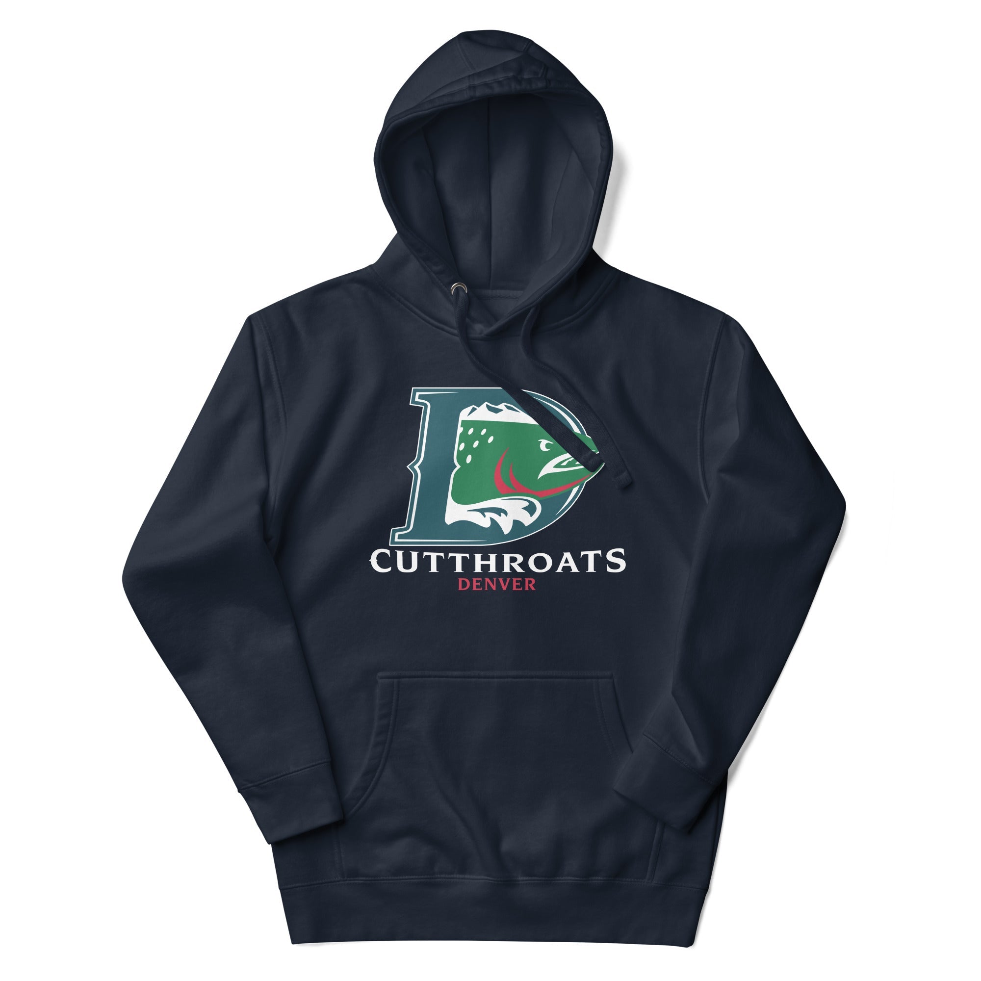 CLEARANCE Denver Cutthroats Hoodie (Premium) in navy blazer with the green D with a fish and serif lettering on the front
