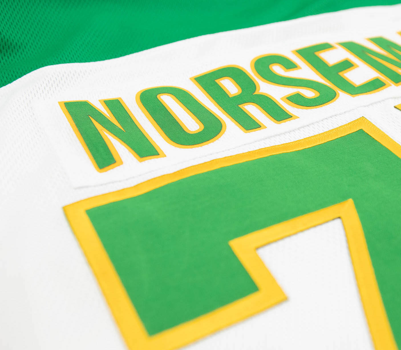 Buffalo Norsemen 1975-76 custom jersey, close-up of sample name NORSEMEN and number