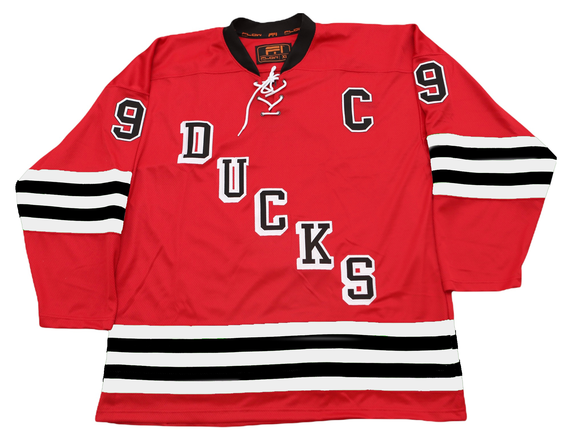 Long Island Ducks 1965-66 Jersey (CUSTOM - PRE-ORDER) in red vintage hockey style with black and white stripes and captain’s C emblem