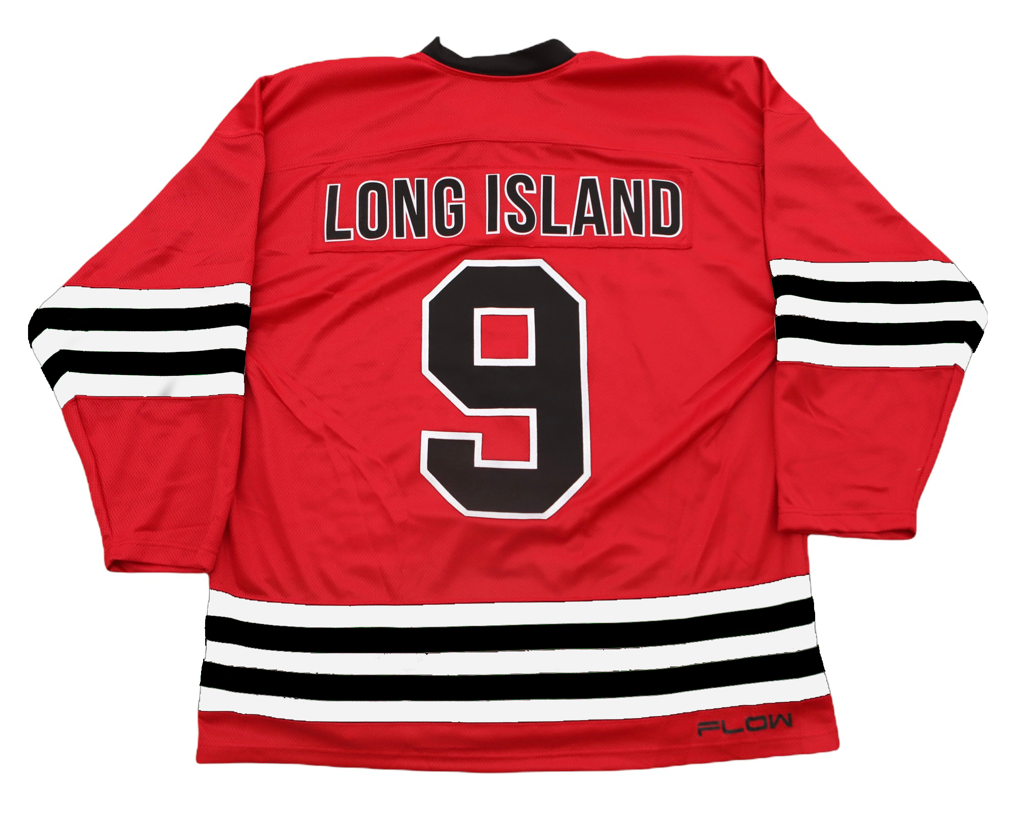 Long Island Ducks 1965-66 Jersey (CUSTOM - PRE-ORDER) in red with black and white stripes, vintage hockey style back view