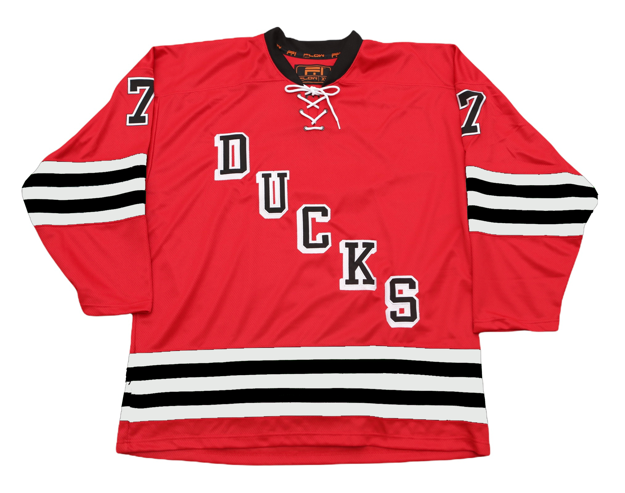 Long Island Ducks 1965-66 Jersey (CUSTOM - PRE-ORDER) in red with vintage hockey team name and black white stripes on sleeves