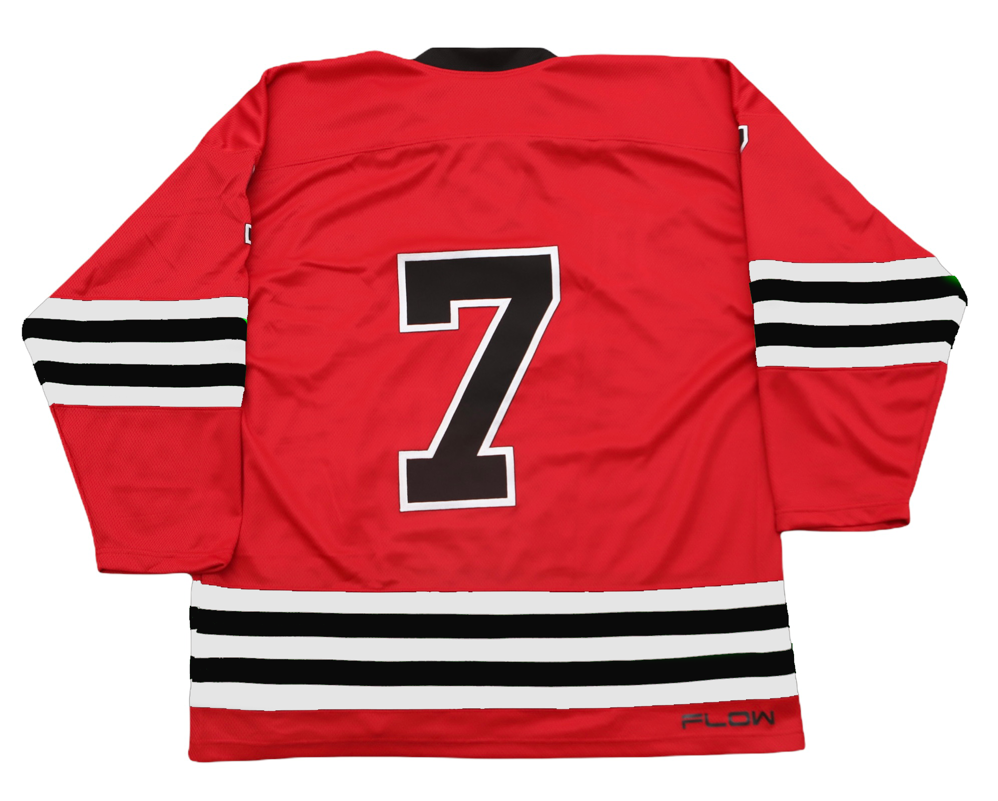 Long Island Ducks 1965-66 Jersey (CUSTOM - PRE-ORDER) in red with black and white stripes and vintage hockey style number seven on back