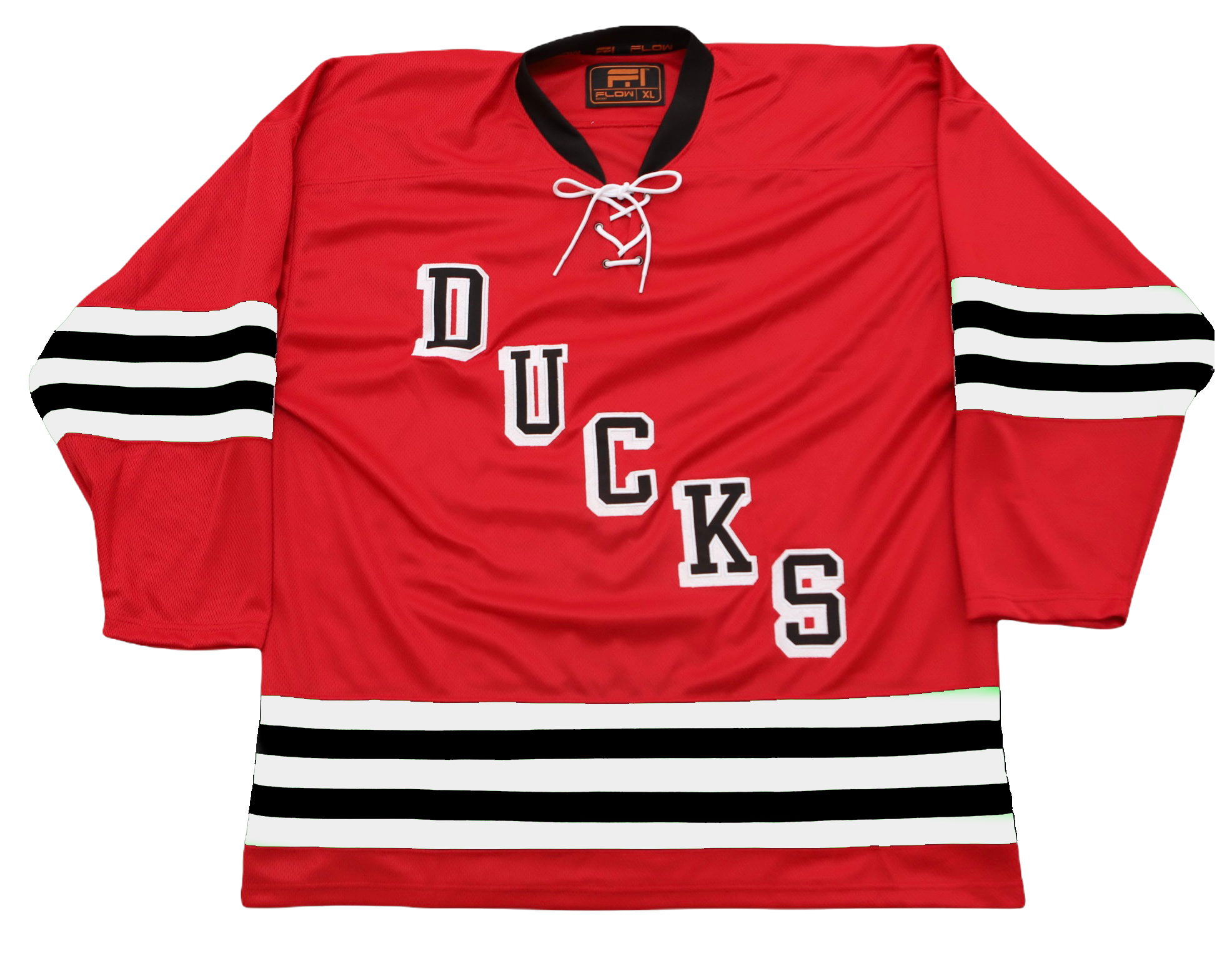 Long Island Ducks 1965-66 Jersey (BLANK - PRE-ORDER) in red with vintage black and white stripes and retro diagonal team lettering