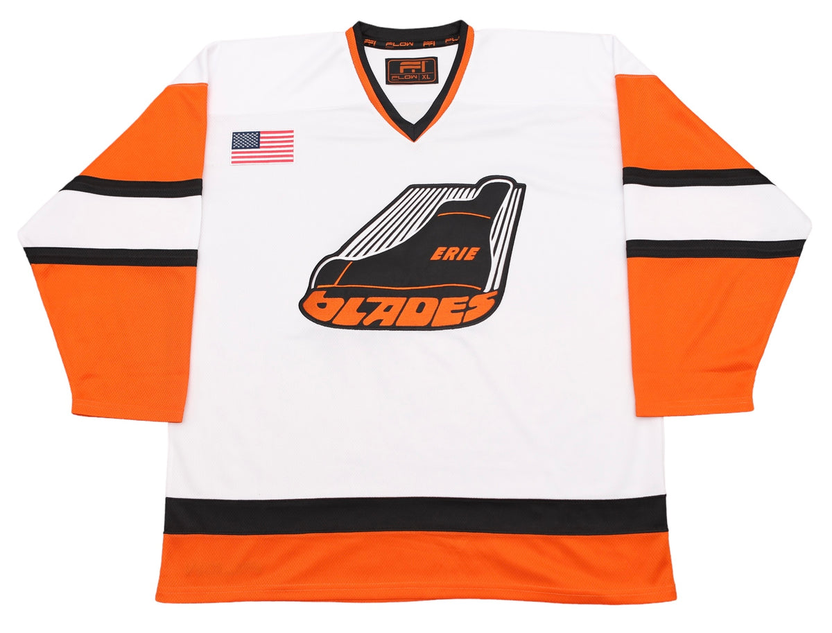 Erie Blades 1979-80 white jersey with an American flag patch high on the right chest