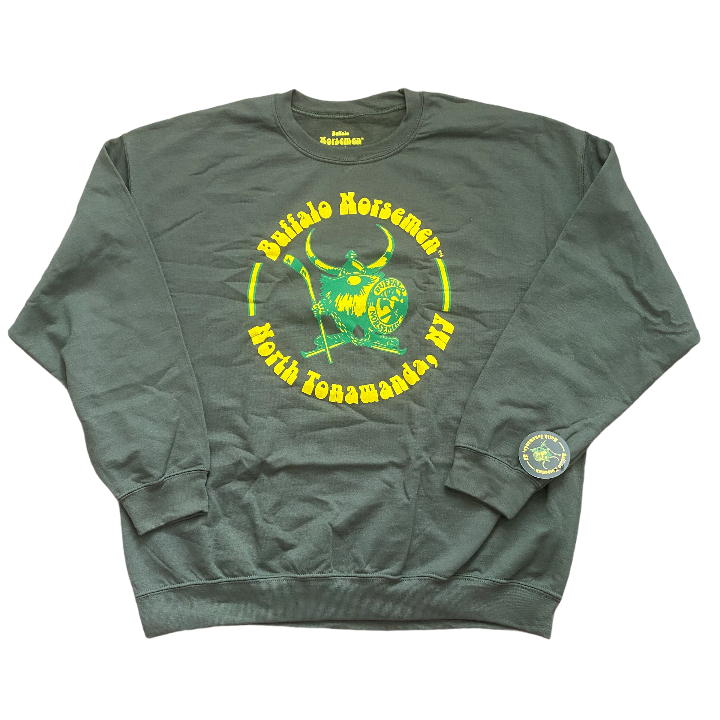Buffalo Norsemen™ Crewneck Sweatshirt in dark green with vintage hockey Norseman logo and bold yellow text on front panel