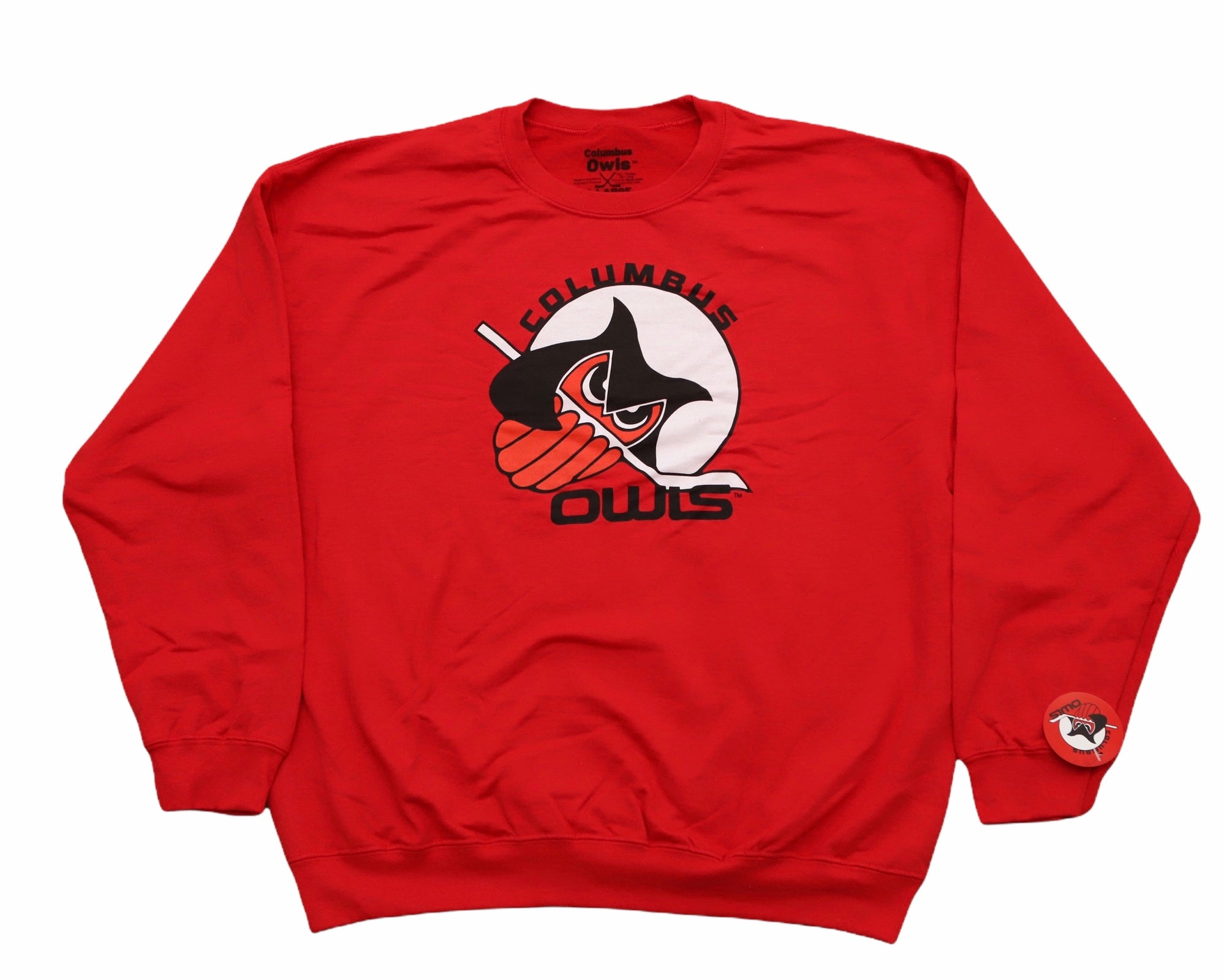Columbus Owls™ Crewneck Sweatshirt in bright red with vintage hockey logo and classic retro style design
