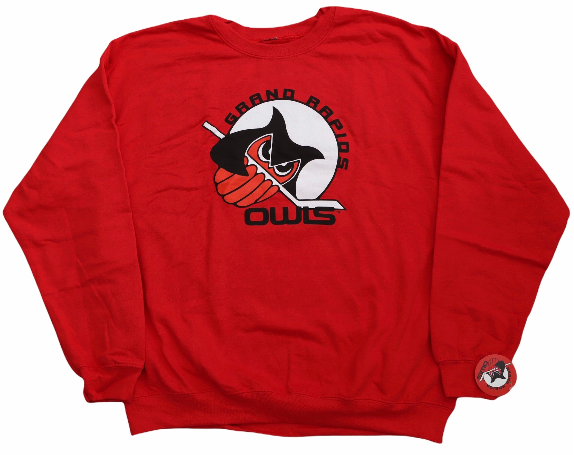 Grand Rapids Owls™ Crewneck Sweatshirt in bright red with vintage owl and hockey stick logo on front panel