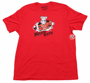 Albany River Rats® T-Shirt (Premium Lightweight) in bright red with retro hockey rat logo on chest center