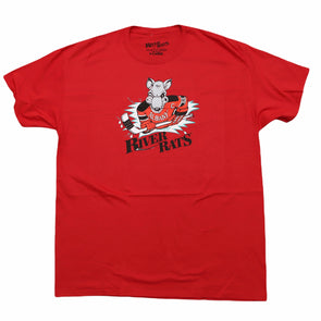 Albany River Rats® T-Shirt in bright red with vintage hockey logo featuring rat mascot playing ice hockey