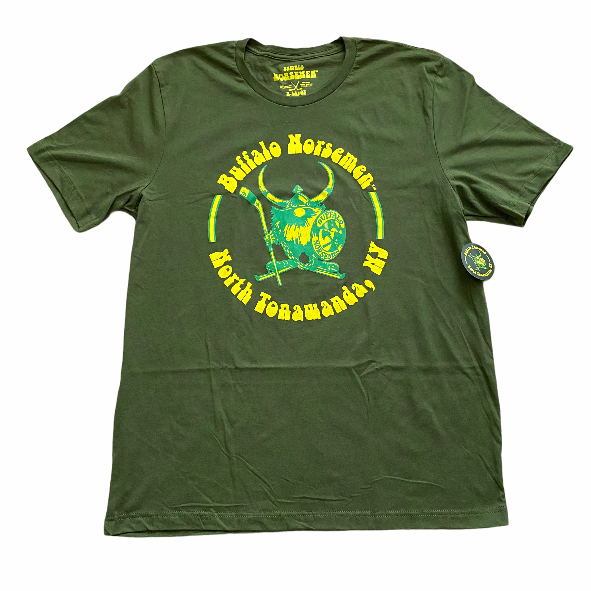 Buffalo Norsemen™ T-Shirt (Premium Lightweight) in olive green with vintage Norsemen hockey logo and bold yellow text design
