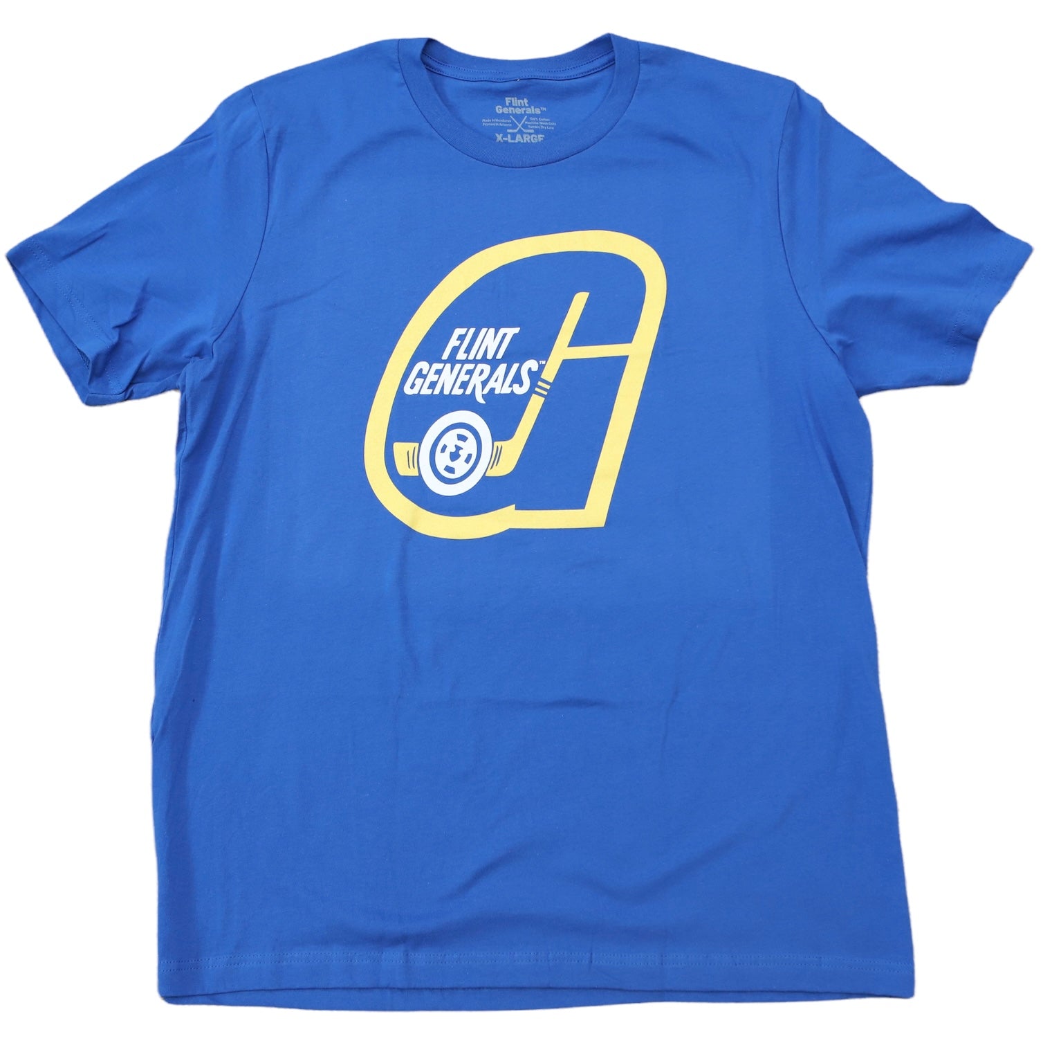 Flint Generals™ 1970s T-Shirt (Premium Lightweight) in blue with retro hockey logo and vintage design on front panel