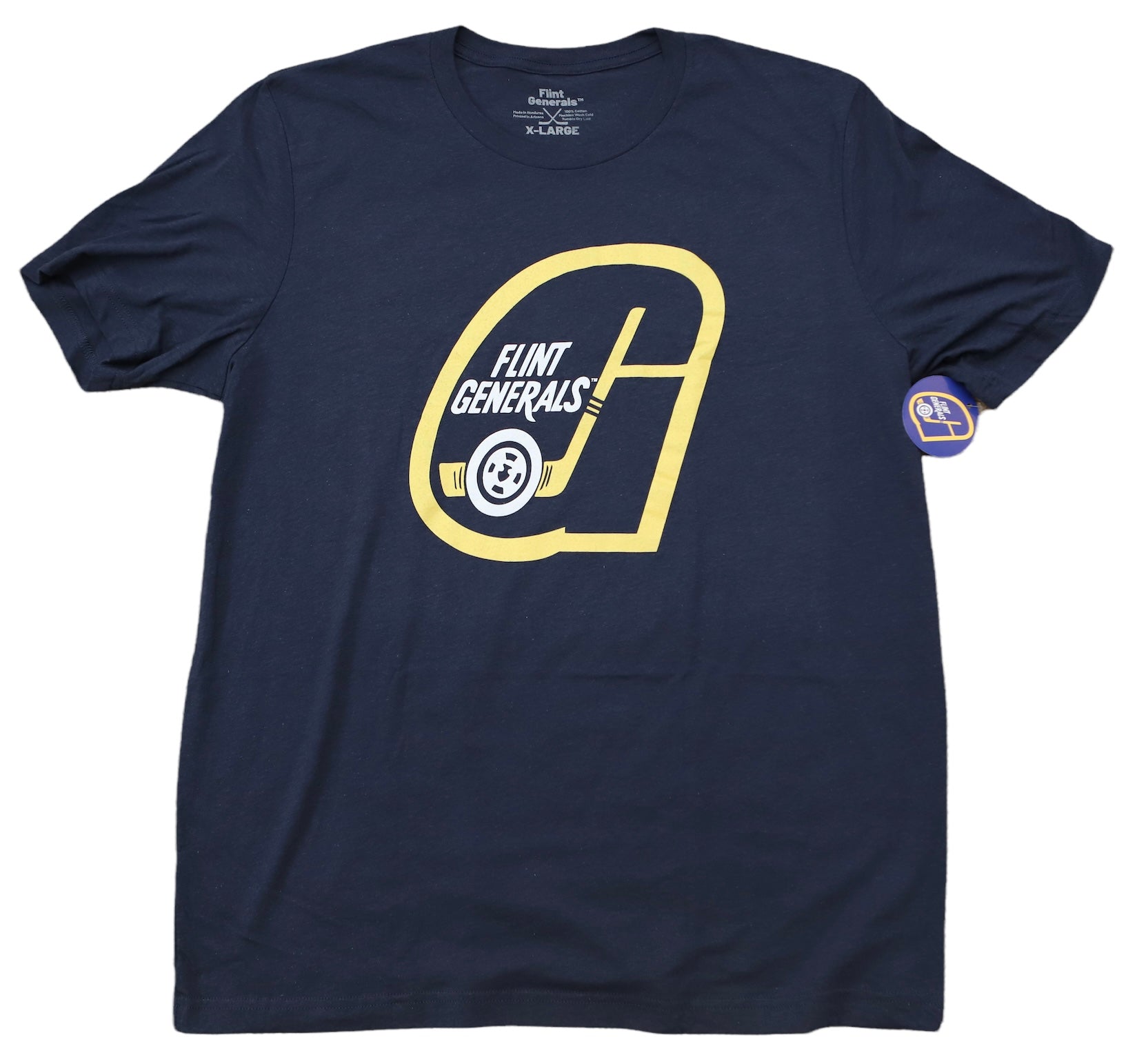 Flint Generals™ 1970s T-Shirt (Tri-Blend Super Light) in navy with vintage hockey logo and classic design on front panel